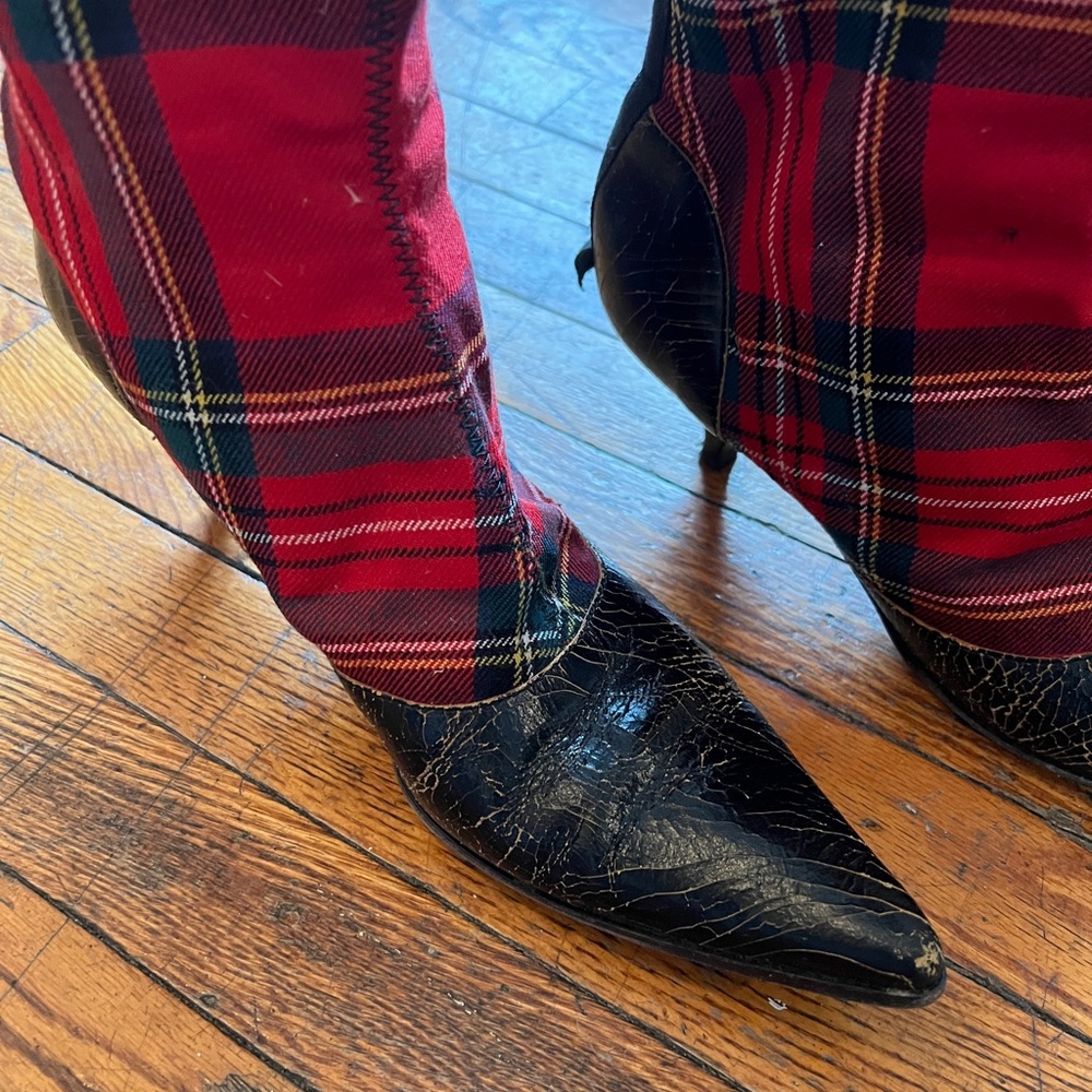 MIU MIU Vintage Kitten Heel Red Tartan Plaid Boots